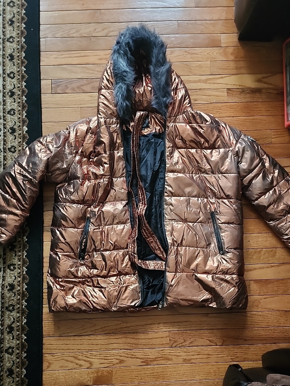 White Mark Metallic Bronze Puffer Coat with Faux Fur Trim; 2X